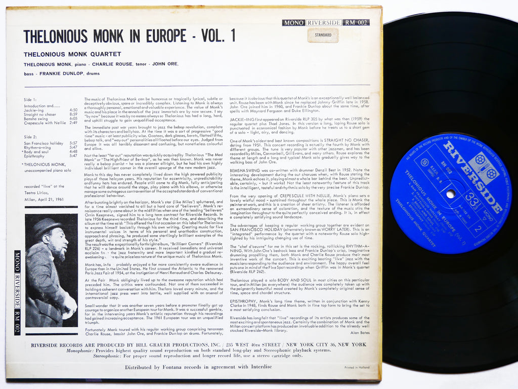 THELONIOUS MONK Quartet In Europe Vol. 1 LP RIVERSIDE RECORDS RM 002 FRANCE 1963