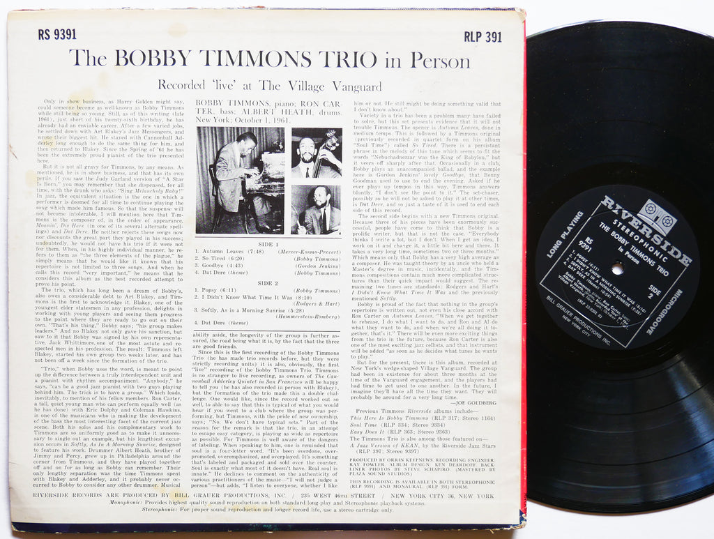 BOBBY TIMMONS TRIO In Person LP RIVERSIDE RS 9391 US '63 Ron Carter Albert Heath