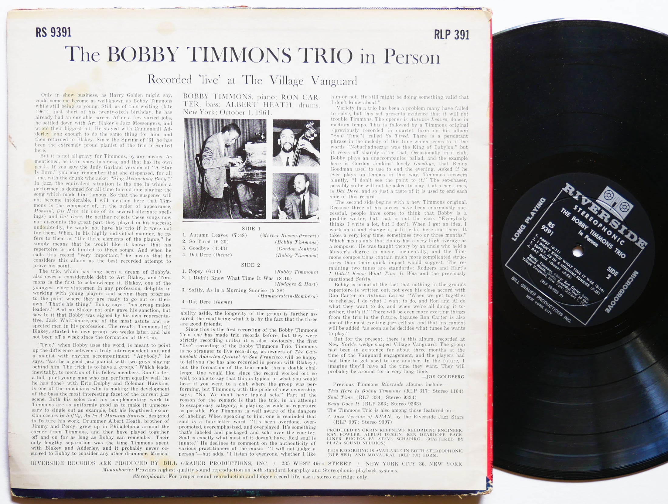 BOBBY TIMMONS TRIO In Person LP RIVERSIDE RS 9391 US '63 Ron Carter Albert Heath