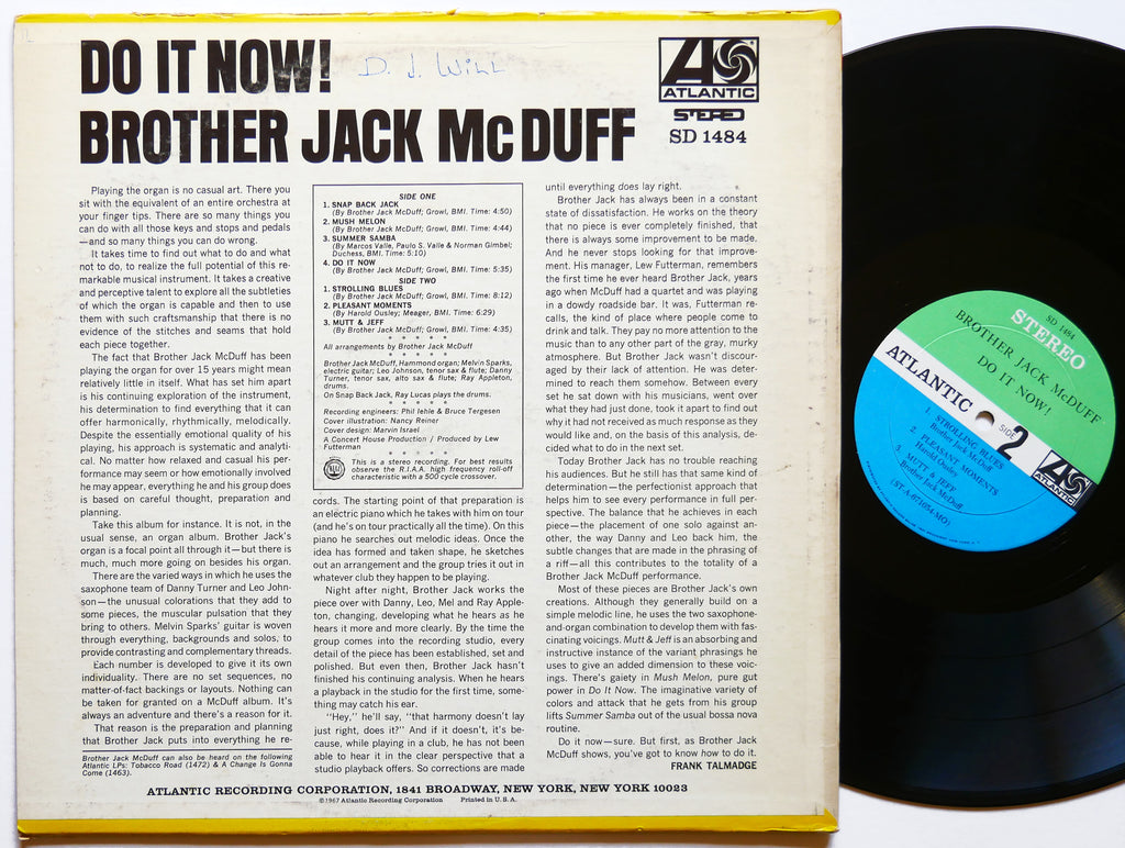 BROTHER JACK MCDUFF Do It Now! LP ATLANTIC SD 1484 US 1967 JAZZ Melvin Sparks