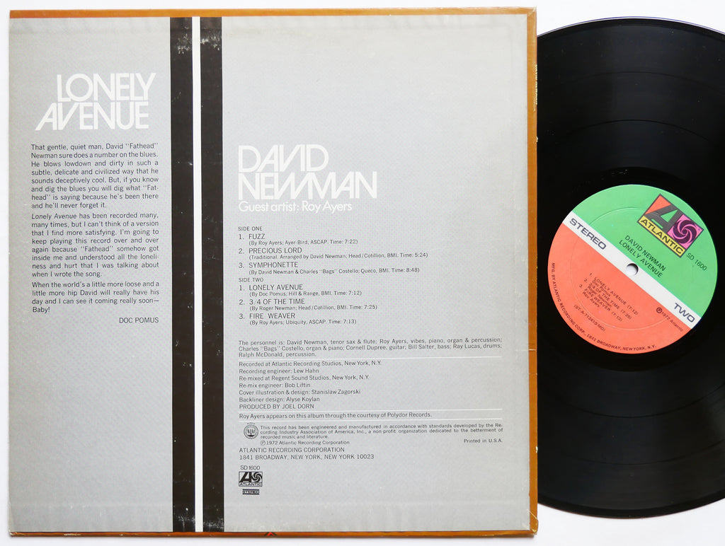 DAVID NEWMAN Lonely Avenue LP ATLANTIC SD 1600 US 1972 Roy Ayers Jazz Funk
