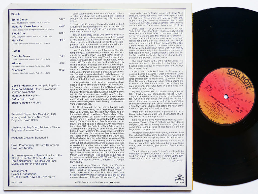 JOHN STUBBLEFIELD Confessin' LP SOUL NOTE SN 1095 Italy 1985 Mulgrew Miller