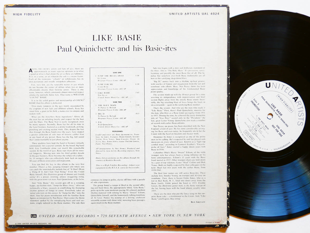 PAUL QUINICHETTE Like Basie! LP UNITED ARTISTS UAL 4024 US 1959 DG MONO Al Grey