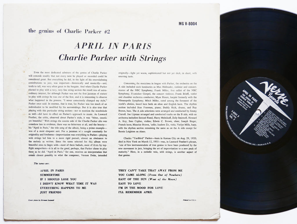 CHARLIE PARKER With Strings April In Paris LP VERVE MGV-8004 US 1961 MONO JAZZ