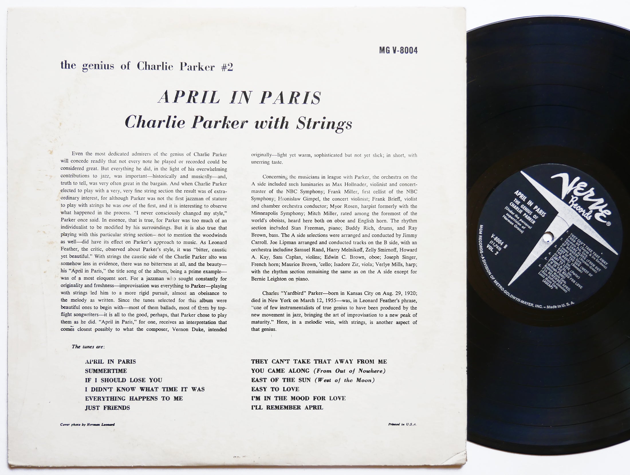 CHARLIE PARKER With Strings April In Paris LP VERVE MGV-8004 US 1961 MONO JAZZ