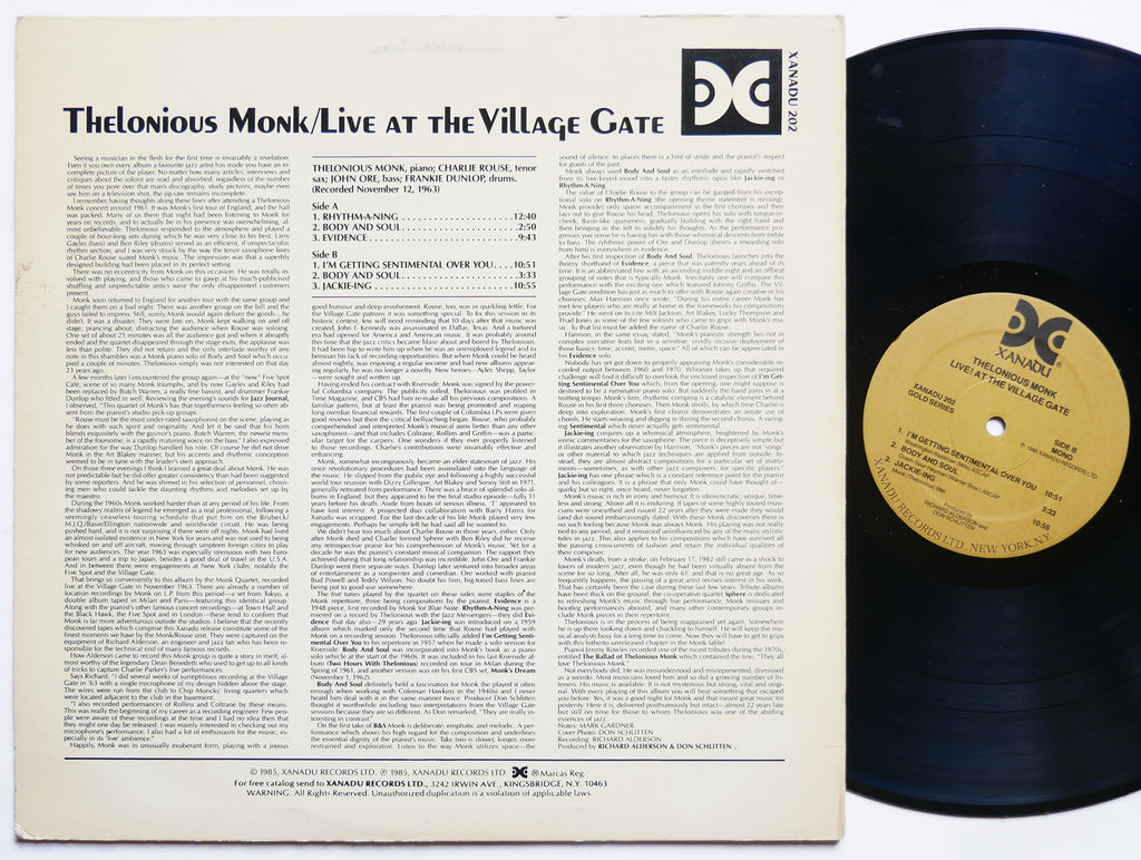 THELONIOUS MONK Live! At The Village Gate LP XANADU 202 US 1985 Charlie Rouse