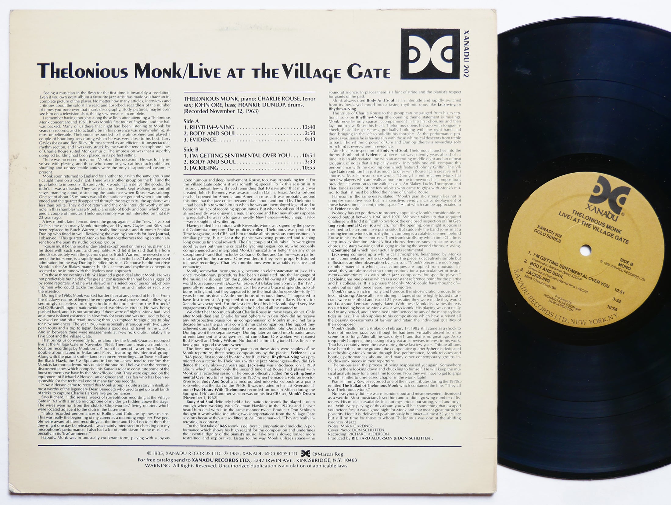 THELONIOUS MONK Live! At The Village Gate LP XANADU 202 US 1985 Charlie Rouse
